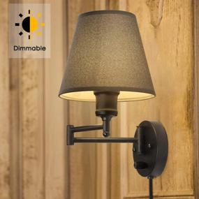 img 2 attached to Modern Plug-in Wall Light Set of 2 - Dimmable, Swing Arm 🔌 Sconces with Gray Linen Lampshades - Perfect Fixtures for Bedrooms, Reading Lamps for Bedside