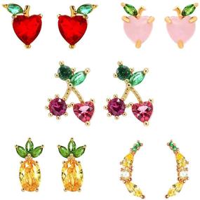 img 4 attached to Nanafast 18K Gold Plated Fruit Stud Earrings Set - Pineapple, Grape, Cherry - Cubic Zirconia Women's Jewelry Gifts