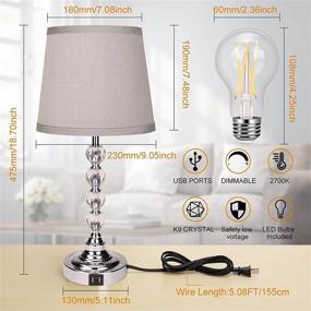 img 3 attached to 💎 Set of 2 Crystal Bedroom Lamps, Touch Control Table Lamp with USB Port, 3 Way Dimmable Bedside Lamp, Diamond Modern Nightstand Lamp with Grey Fabric Shade for Bedroom, Living Room, Office