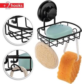 img 2 attached to 🔘 HASKO Suction Soap Dish with Hooks - Powerful Vacuum Cup Shower Soap Holder - Stainless Steel Rustproof Soap Basket - Bathroom & Kitchen Organizer (Black)