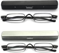 👓 eye zoom metal mini reading glasses - spring hinge, slim & lightweight case - black & gunmetal logo