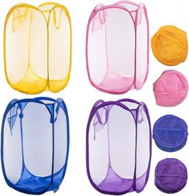 img 4 attached to Qtopun Mesh Popup Laundry Hamper, 4 Pack - Foldable Portable Dirty Clothes Basket for Bedroom, Kids Room, College Dormitory, and Travel - Yellow, Pink, Purple, Dark Blue