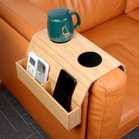 img 4 attached to 🍹 Bamboo Sofa Arm Tray Table - LadyRosian Flexible/Foldable Couch Cup Holder Perfect for Drinks Snacks, Arm Rest Table with Pockets Fits Over Square Chair Arms