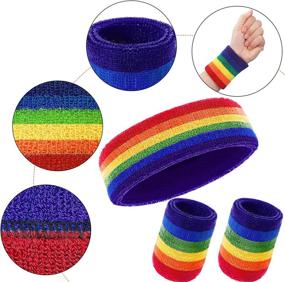 img 2 attached to 🌈 3-Piece Sweatbands Set by WILLBOND - Sports Headband and Wrist Sweatbands in Rainbow Striped Design for Men and Women, Ideal for Athletic Activities