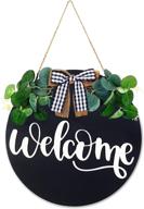 dailyhome wreaths welcome sign: rustic front door decor with artificial eucalyptus - small black wood hanging farmhouse door porch decor for christmas - indoor and outdoor holiday home ornament logo