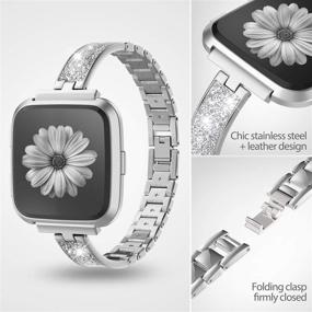img 3 attached to TOYOUTHS Slim Metal and Leather Band for Fitbit Versa/Versa 2/Versa Lite SE - Stylish Replacement Bracelet Wristband - Silver with Glitter Silver Accents