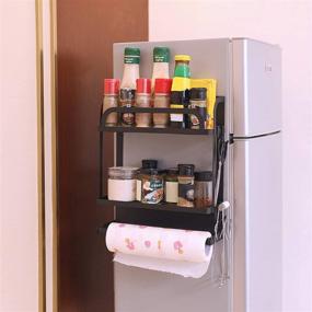 img 1 attached to 🧲 2 Tier Magnetic Spice Rack Organizer with Paper Towel Holder and Removable Hooks for Refrigerator Storage - Easy Install, Strong Rustproof Magnetic Shelf in Black