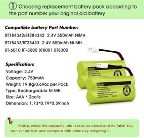 img 1 attached to 🔋 iMah BT18433/BT28433 2.4V 750mAh Ni-MH Battery: Compatible with AT&amp;T VTech Cordless Phone CS6229, BT184342, BT284342, BT183348, BT283348, BT8300, BT1011, BT1018, BT1022, BT1031, 2SN-AAA55H-S-J1 - 2-Pack