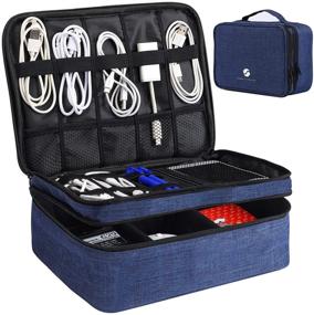img 4 attached to Водонепроницаемая сумка-органайзер для электроники для путешествий - большая сумка с двухслойным кабельным хранителем для электронных аксессуаров, проводов, энергобанка и планшета (до 11-дюймового iPad) - королевский синий.
