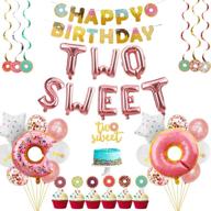 lnlofen two sweet donut birthday party supplies: complete 46pcs set for baby 2nd birthday decoration - perfect donut themed party decorations for girls - includes balloons, cake topper, banner, swirls, star foil logo