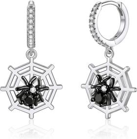 img 4 attached to Halloween Earrings: 925 Sterling Silver Spider Web Skull & Skeleton Huggie Hoops