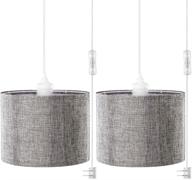 qitim 2 pack plug in pendant light: modern gray linen shade for bedroom, living room, dining table, basement - 15ft clear cord & on/off switch included логотип