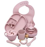 🍼 muqee peeko rose petal pink baby feeding set - toddler self-eating plate set with utensils - suction divided plate & food bowl with spoon, fork - silicone bib, pacifier set, snack cup - (12 piece set) - enhanced seo logo