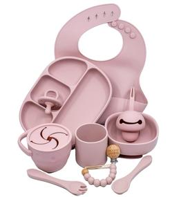 img 4 attached to 🍼 Muqee Peeko Rose Petal Pink Baby Feeding Set - Toddler Self-Eating Plate Set with Utensils - Suction Divided Plate & Food Bowl with Spoon, Fork - Silicone Bib, Pacifier set, Snack Cup - (12 Piece Set) - Enhanced SEO