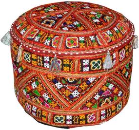 img 2 attached to 🪑 Vintage Embroidered Indian Pouf Stool Cover with Mirror Work - Round Ottomans Covers Poufs | Bohemian Ottoman Cover, 22 X 12 Inches (Cover Only, Filler not Included)