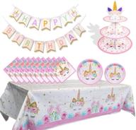 magical unicorn party supplies set - plates, napkins, table cover, banner, cupcake stand, and decorations - serves 16 - unicorn birthday party supplies logo