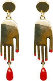 img 4 attached to 💧 Red Teardrop Brass Hand Dangle Earrings