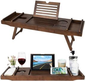img 4 attached to HBlife Bamboo Bathtub Caddy Tray with Extending Sides & Laptop Desk, Phone iPad Tray, Wineglass Holder, and Bonus Soap Holder - Brown