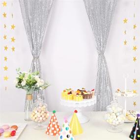 img 2 attached to 🎉 Sparkling Silver Sequin Curtain - 2 Panels, 2.5X8FT - Shiny Sequin Backdrop Curtain with Star Garland Hanging Decoration for Weddings, Engagements, Banquets, Valentine's Day Parties - Photography Background