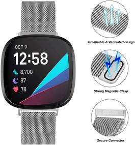 img 3 attached to 📿 Vanjua [2 Pack] Bands Compatible with Fitbit Versa 3 and Fitbit Sense: Breathable Stainless Steel Loop Mesh Magnetic Adjustable Wristband for Women and Men