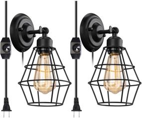 img 4 attached to 🔌 Vintage Plug in Dimmable Wall Sconce 2 Pack with Dimmer Switch - Elibbren Hardwired Industrial Edison Wire Cage Wall Light for Headboard, Bedroom, Nightstand - Rustic Wall Light Fixture 5.9FT Plug in Cord