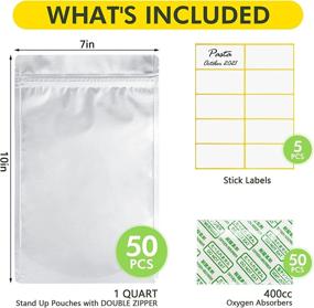 img 3 attached to 🔒 50-Pack Double Zipper Mylar Bags Bundle - 1qt Extra Thick 9.85mil (7x10") with 400cc Oxygen Absorbers & Labels | Ideal for Long Term Food Storage | Convenient Top Load, Heat Sealable, Food Grade, Reusable