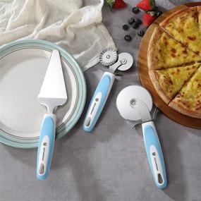 img 3 attached to 3-Piece Pizza Cutter & Cake Server Set - Stainless Steel with Blue Handles | Razor-Sharp Pizza Cutter Wheel, Double Wheel Pizza Cutter, Serrated Pie & Cake Server | Includes Free Oven Mitt