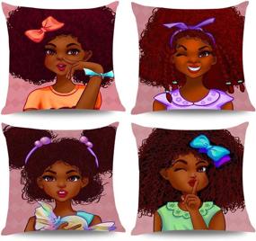 img 4 attached to African American Girls Pillow Set - Watercolor Throw Pillow with Exploding Hair Bowknot Design, Cushion for Living Room, Bedroom, or Outdoor Sofa - 18×18 Inch - 4 Piece Set