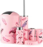 🦩 jotom 6-piece flamingo bathroom accessories set with plastic toothbrush holder, cup, soap dish, hand sanitizer bottle, trash can, and toilet brush logo