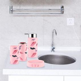 img 3 attached to 🦩 JOTOM 6-Piece Flamingo Bathroom Accessories Set with Plastic Toothbrush Holder, Cup, Soap Dish, Hand Sanitizer Bottle, Trash Can, and Toilet Brush