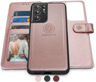 📱 shields up galaxy s21 ultra wallet case - detachable magnetic wallet, slim, durable with card slots & wrist strap - vegan leather - rose gold - shockproof cover for samsung galaxy s21 ultra 5g logo