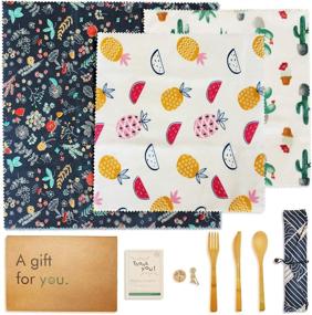 img 4 attached to 🐝 Bamboo Utensil Set Bonus - Beeswax Food Wraps (3PCS) with Jojoba Oil - Sustainable & Reusable Nature Beeswax Wrap for Up to a Year - No Synthetic Wax or Chemicals