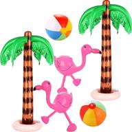 set of 6 meekoo inflatable palm trees with jumbo coconuts, pink flamingos, colorful beach balls, and rainbow color balls - perfect hawaii beach luau party backdrop decoration logo