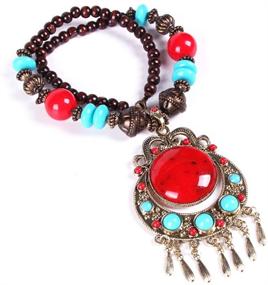 img 4 attached to HSQYJ Fashion Wood Beaded Turquoise Pendant Necklace: Retro Bohemian Charm Jewelry for Women and Girls