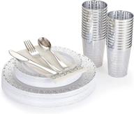 jyhowire disposable plates with cutlery -150 piece set: elegant silver rimmed lace design plastic wedding party plates, including dinner plates, salad plates, forks, knives, spoons & cups logo