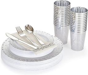 img 4 attached to JYHOWIRE Disposable Plates with Cutlery -150 Piece Set: Elegant Silver Rimmed Lace Design Plastic Wedding Party Plates, Including Dinner Plates, Salad Plates, Forks, Knives, Spoons & Cups