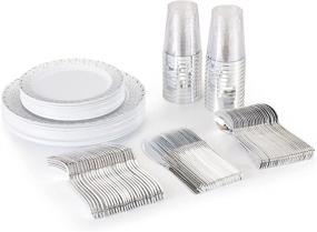 img 3 attached to JYHOWIRE Disposable Plates with Cutlery -150 Piece Set: Elegant Silver Rimmed Lace Design Plastic Wedding Party Plates, Including Dinner Plates, Salad Plates, Forks, Knives, Spoons & Cups