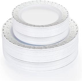 img 2 attached to JYHOWIRE Disposable Plates with Cutlery -150 Piece Set: Elegant Silver Rimmed Lace Design Plastic Wedding Party Plates, Including Dinner Plates, Salad Plates, Forks, Knives, Spoons & Cups