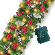 🎄 camlinbo prelit 9ft battery operated lighted christmas garland with 50 lights, pine cones, and red berries - indoor outdoor xmas wreath mantel decor logo