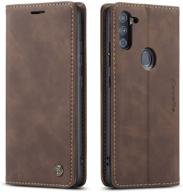 📱 samsung galaxy a11 case - magnetic stand wallet flip cover with card holder for galaxy a11 (2020) 6.4 inch - genuine leather coffee color logo