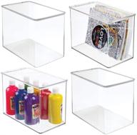📦 mdesign tall stackable plastic craft, sewing, crochet storage container bin with attached lid - compact organizer and holder for thread, beads, ribbon, glitter, clay, 4 pack - clear logo