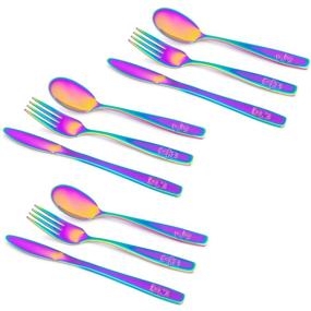 img 4 attached to Colorful and Safe: 9 Piece Stainless Steel Rainbow Kids Cutlery Set for Home and Preschool Use
