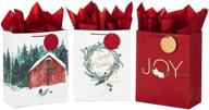 🎁 hallmark 13" large christmas gift bag assortment: merry christmas wreath, gold joy, snowy red barn - red, white, gold foil logo