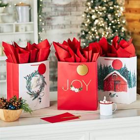 img 3 attached to 🎁 Hallmark 13" Large Christmas Gift Bag Assortment: Merry Christmas Wreath, Gold Joy, Snowy Red Barn - Red, White, Gold Foil