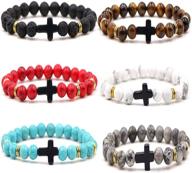 💎 6pcs cross natural stone bead bracelet set: volcanic lava rock, turquoise, tiger eye | healing balance jewelry gift for women, men, girls, boys logo