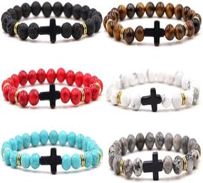 img 4 attached to 💎 6Pcs Cross Natural Stone Bead Bracelet Set: Volcanic Lava Rock, Turquoise, Tiger Eye | Healing Balance Jewelry Gift for Women, Men, Girls, Boys