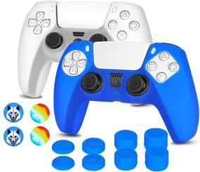 img 4 attached to 🎮 OUBANG Dualsense Controller Cover 2 Pack - Aqua and Mustard Color - Includes 12 Joystick Caps - Anti-Slip Food-Grade Silicone Protective Skin - White and Blue