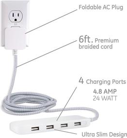 img 3 attached to UltraPro 4 Port USB Power Strip: Premium 6 Ft Braided Extension Cord | Wall Mount | 4.8 AMP/24 Watt | iPhone/iPad/Samsung Galaxy/Google Pixel | UL Listed | White - 44139-T1