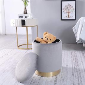 img 2 attached to 🪑 Grey Velvet Round Storage Ottoman - Small Size, Footrest Stool with Gold Metal Base for Living Room, Bedroom, and Entrance