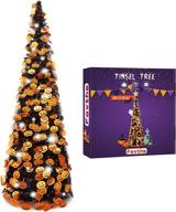 🎃 5ft halloween collapsible artificial tree | pop up thin black tinsel orange sequin with 60 string lights | holiday party decorations for indoors & outdoors logo